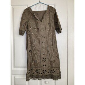 Monsoon Olive Green Embroidered Dress UK 10 US 6 Boho Cutout Cotton
